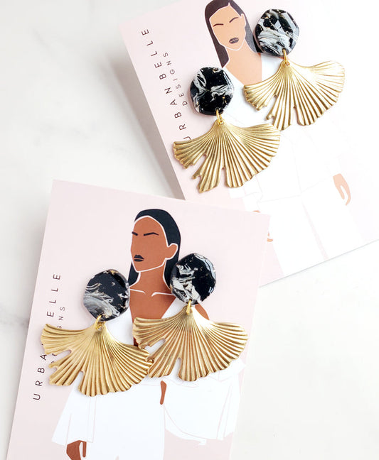 Marbled Black & White Gingko Statement Earrings - 2 Styles