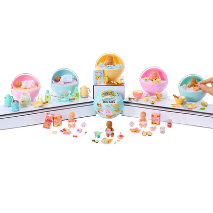 Baby figures and colorful ball containers on a white background