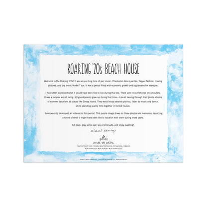 A white card with a blue watercolor border titled "Michael Storrings Roaring 20s Beach House 1000 Piece Puzzle" by Michael Storrings features a nostalgic story about beach visits, jazz, family memories, a signature, and a prompt to share on social media.