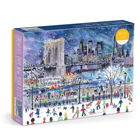 Enjoy the Michael Storrings Snowfall Over New York City 1000 Piece Puzzle, featuring a snowy NYC with skaters and sledders in the park, a glowing skyline, and starry sky—an artistic addition to your collection from Michael Storrings.