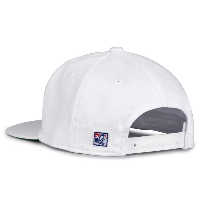 Missouri Retro Bar snapback hat in white, rear view showing the adjustable snap closure
