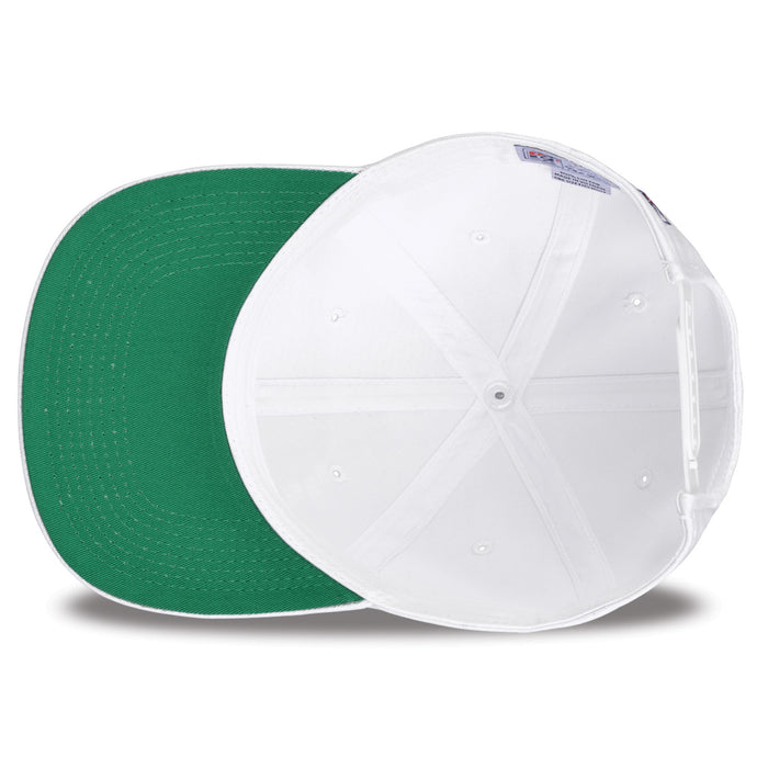 Missouri Retro Bar snapback hat in white, interior view showing the green undervisor