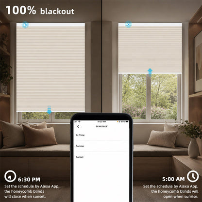 Honeycomb window blinds shown in a split-screen lifestyle mockup of a living room, demonstrating a 100% blackout feature. The top half shows the blinds closed, and the bottom half shows them partially open.