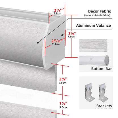 Measurement chart of roller blind components including decor fabric, aluminum valance, bottom bar, and brackets.
