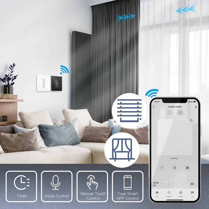 MOES WiFi Curtain Switch Smart 2.5D Arc Glass Touch Panel for Roller Blinds Shutters