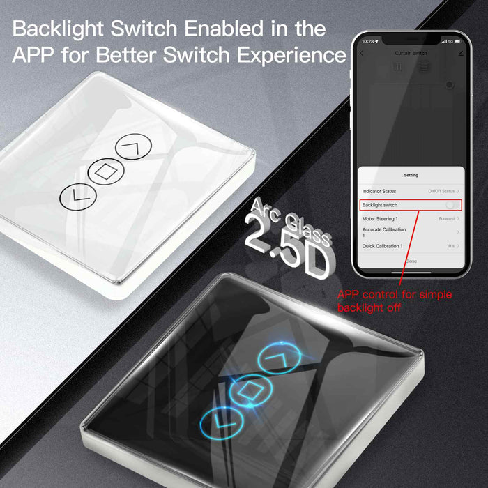 MOES WiFi Curtain Switch Smart 2.5D Arc Glass Touch Panel for Roller Blinds Shutters
