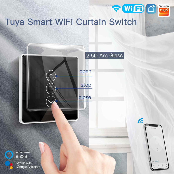 MOES WiFi Curtain Switch Smart 2.5D Arc Glass Touch Panel for Roller Blinds Shutters