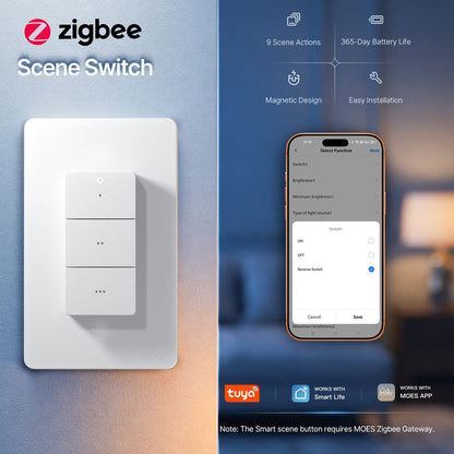 MOES Zigbee Wireless Scene Switch - 3 Gang 9 Scenarios Smart Push Button Remote, Magnetic Handheld Design