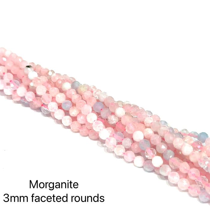 3mm Morganite gemstone strand with soft pink, blue, and peach round faceted 16'' strands  on a white background, front overview.