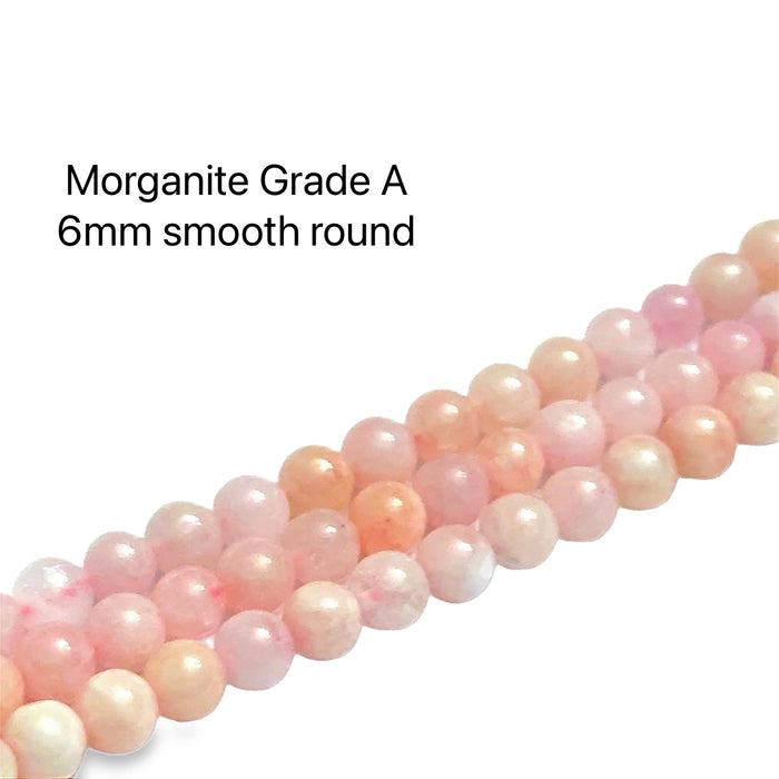 String of pink and white beads labeled 'Morganite Grade A 6mm smooth round' on a white background, front view.
