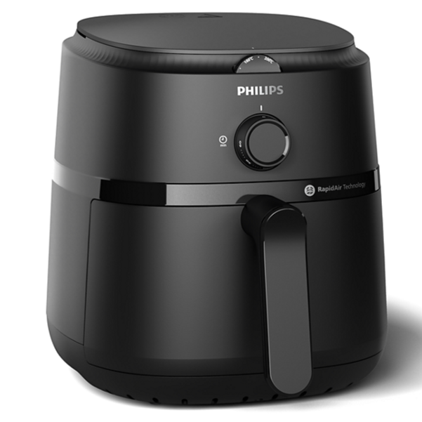 slanted view of a philips black manual control air fryer