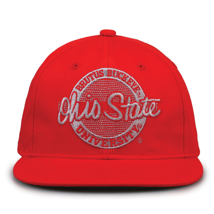 Ohio State Retro Circle snapback hat in red, front view