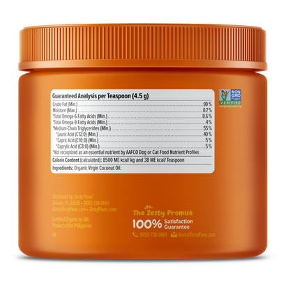 Amber glass jar with orange screw-top lid containing coconut oil, labeled with nutritional information and Non-GMO certificat