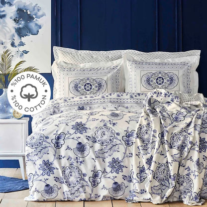 Parure de lit Karaca Home Amar avec housse de couette 100 % coton pour lit double, bleu