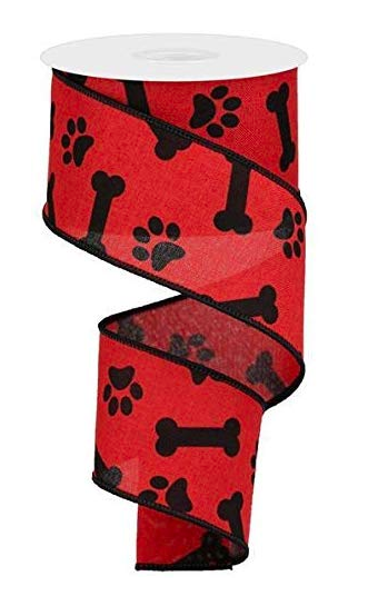 Paw Print & Dog Bone Wired Edge Ribbon, 10 Yards (Red, Black, 2.5")