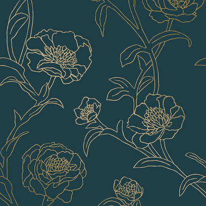 SINGLE ROLL / Peacock Blue and Metallic Gold Floral