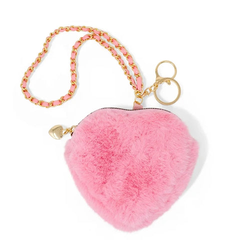 Pink Fuzzy Heart Coin Purse Wristlet