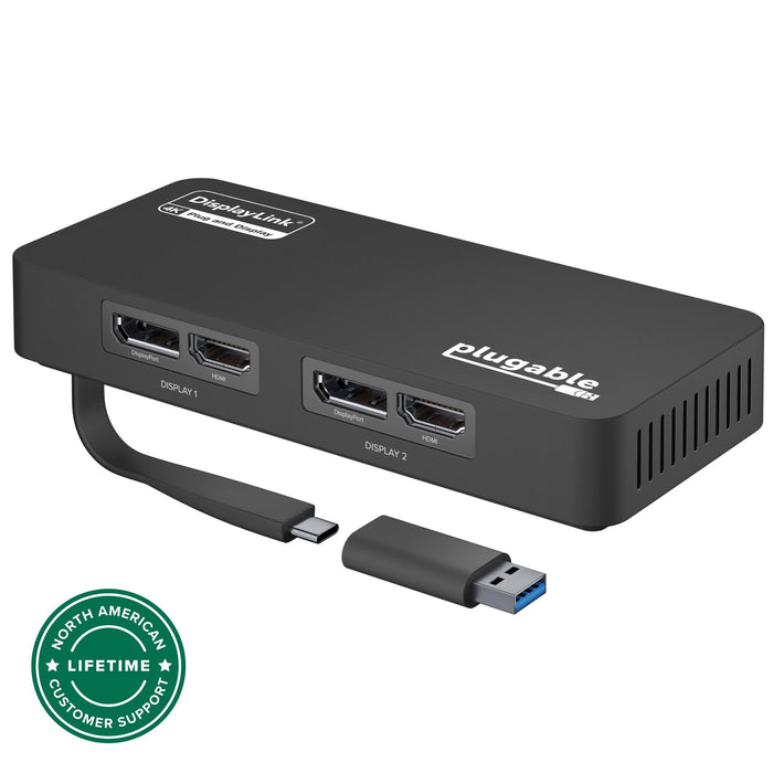 Plugable USBC-6950U dual monitor adapter with DisplayLink 4K, featuring two DisplayPort and two HDMI ports.