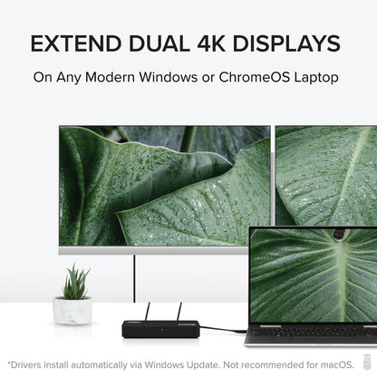 Plugable USBC-6950U extends dual 4K displays on Windows or ChromeOS laptops. Drivers install via Windows Update.