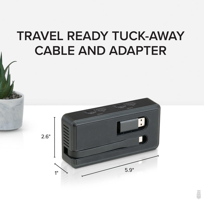 USBC-6950U adapter with tuck-away cable, two DisplayPort/HDMI ports, measuring 5.9" x 2.6" x 1".