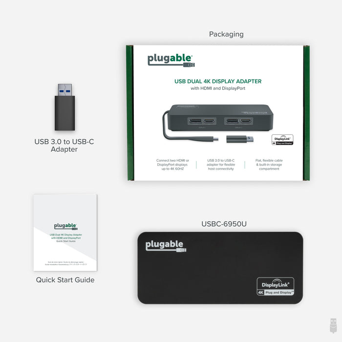 USBC-6950U packaging showing dual 4K 60Hz HDMI/DisplayPort adapter, USB 3.0 to USB-C adapter, and Quick Start Guide.