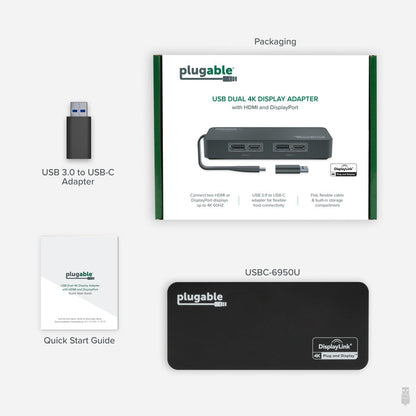 USBC-6950U packaging showing dual 4K 60Hz HDMI/DisplayPort adapter, USB 3.0 to USB-C adapter, and Quick Start Guide.