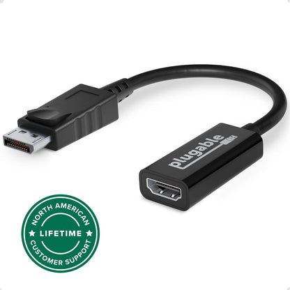 Plugable Active DisplayPort to HDMI adapter with North American lifetime customer support badge.