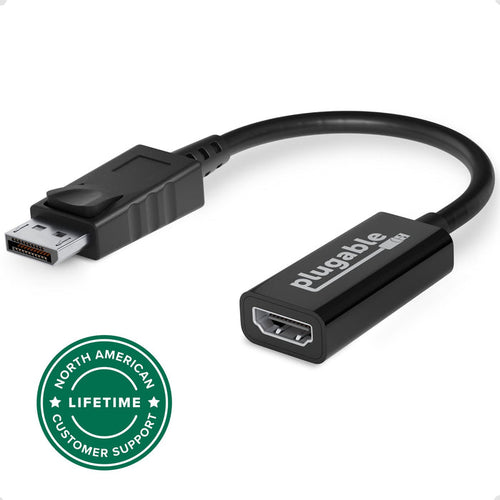 Plugable Active DisplayPort to HDMI adapter with North American lifetime customer support badge.
