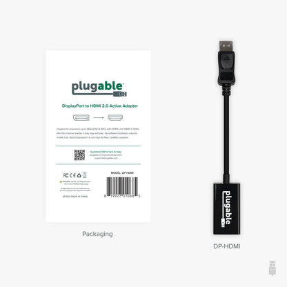 Plugable DP-HDMI active adapter: 6in cable, supports 4K 60Hz HDR10, 1080p 144Hz, HDMI 2.0b, and VESA DisplayPort 1.4.