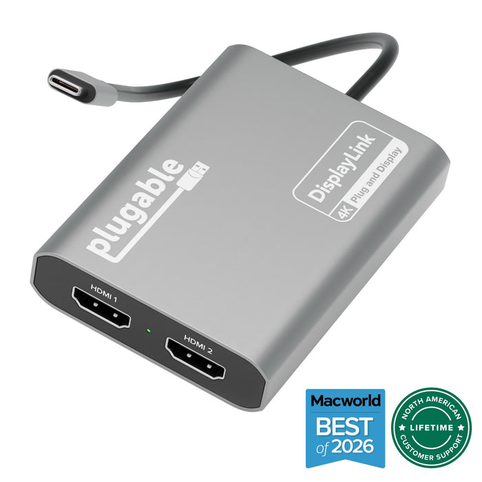 Plugable USBC-6950M USB-C to dual HDMI adapter with DisplayLink 4K support and integrated USB-C cable.