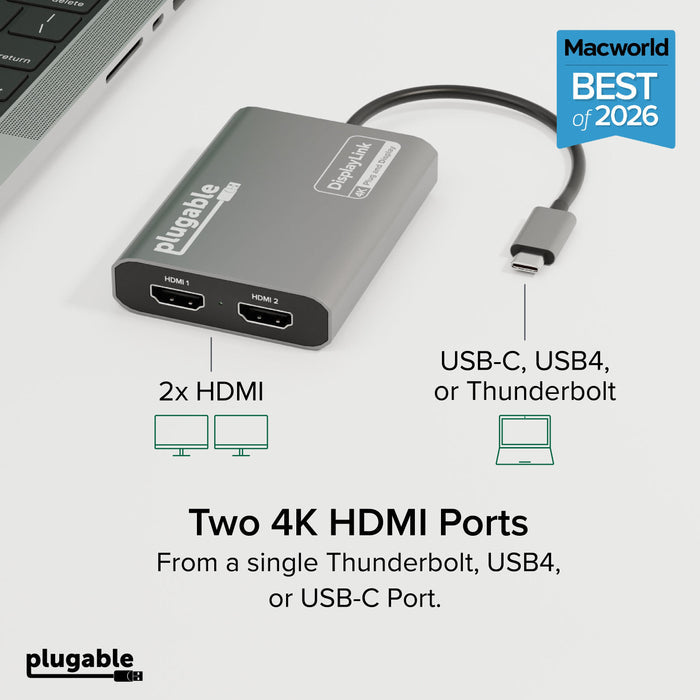 Plugable USBC-6950M adapter with two 4K HDMI ports connecting via USB-C, USB4, or Thunderbolt to support dual monitors.