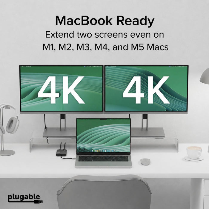 Plugable USBC-6950M extends two 4K displays on Apple M1, M2, M3, M4, and M5 MacBooks.
