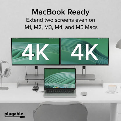 Plugable USBC-6950M extends two 4K displays on Apple M1, M2, M3, M4, and M5 MacBooks.