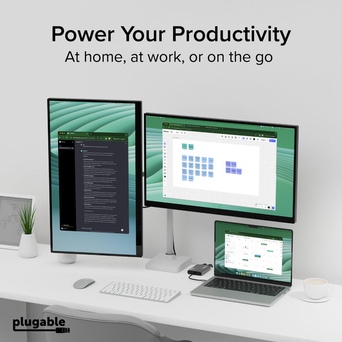 Plugable USBC-6950M adapter connecting a laptop to two external monitors for a multi-display workstation setup.