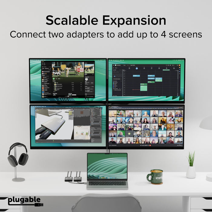 USBC-6950M: Connect two Plugable USB-C to HDMI adapters to a laptop to support up to four external displays.