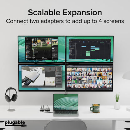 USBC-6950M: Connect two Plugable USB-C to HDMI adapters to a laptop to support up to four external displays.