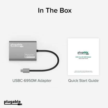 In the box: USBC-6950M DisplayLink 4K adapter and a multi-language Quick Start Guide.