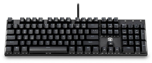 Plugable USB-MECH104BW full-size 104-key wired mechanical keyboard with standard QWERTY layout and media function keys.