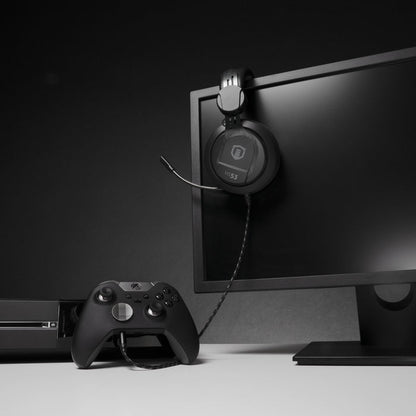 Plugable HS53 gaming headset with retractable microphone connected to an Xbox controller.