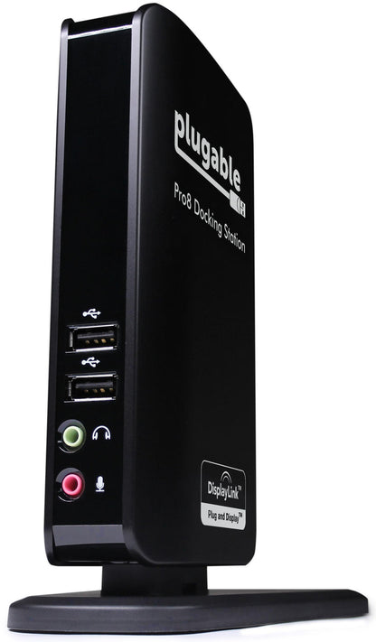 Plugable Pro8 Docking Station with two USB ports, headphone jack, microphone jack, and DisplayLink certification.