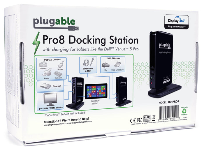 Plugable UD-PRO8 docking station packaging showing connectivity for USB 2.0 devices, Ethernet, and DVI/VGA/HDMI monitors.