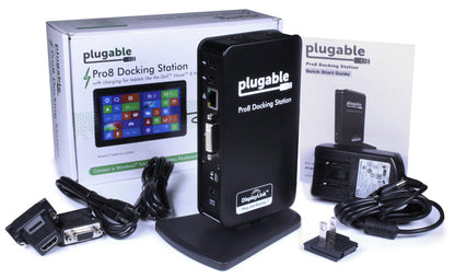 Plugable UD-PRO8 docking station with USB, Ethernet, DVI, audio ports, power adapter, and DVI-to-VGA/HDMI adapters.
