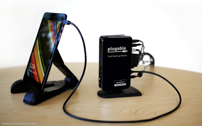 Plugable Pro8 Docking Station with DisplayLink technology connected to a tablet via USB cable.