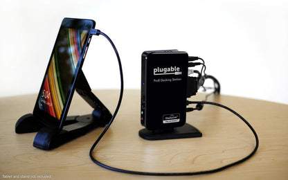 Plugable Pro8 Docking Station with DisplayLink technology connected to a tablet via USB cable.