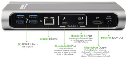 TBT3-UDV rear panel: 4 USB 3.0, Gigabit Ethernet, 2 Thunderbolt 3 ports (60W/15W), DisplayPort, and 20V DC power input.