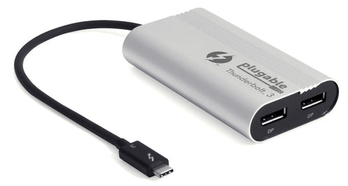Plugable Thunderbolt 3 to dual DisplayPort adapter with integrated USB-C cable and two DP output ports.