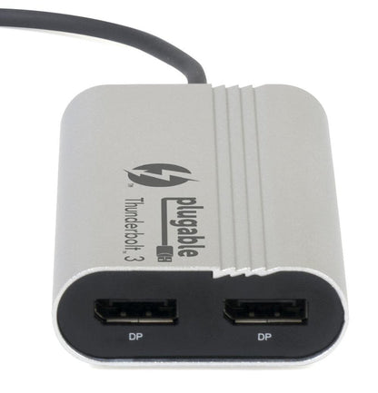 Plugable Thunderbolt 3 adapter with two DisplayPort (DP) output ports.
