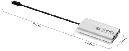 Plugable Thunderbolt 3 adapter dimensions: 10" (25cm) cable length, 4" (10.5cm) length, and 2.5" (6cm) width.