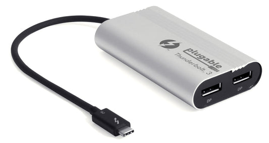 Plugable Thunderbolt 3 to dual DisplayPort adapter with integrated Thunderbolt 3 USB-C cable.