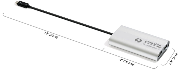 Plugable TBT3-DP2X dimensions: 10 inches cable length, 4 inches length, and 2.5 inches width.